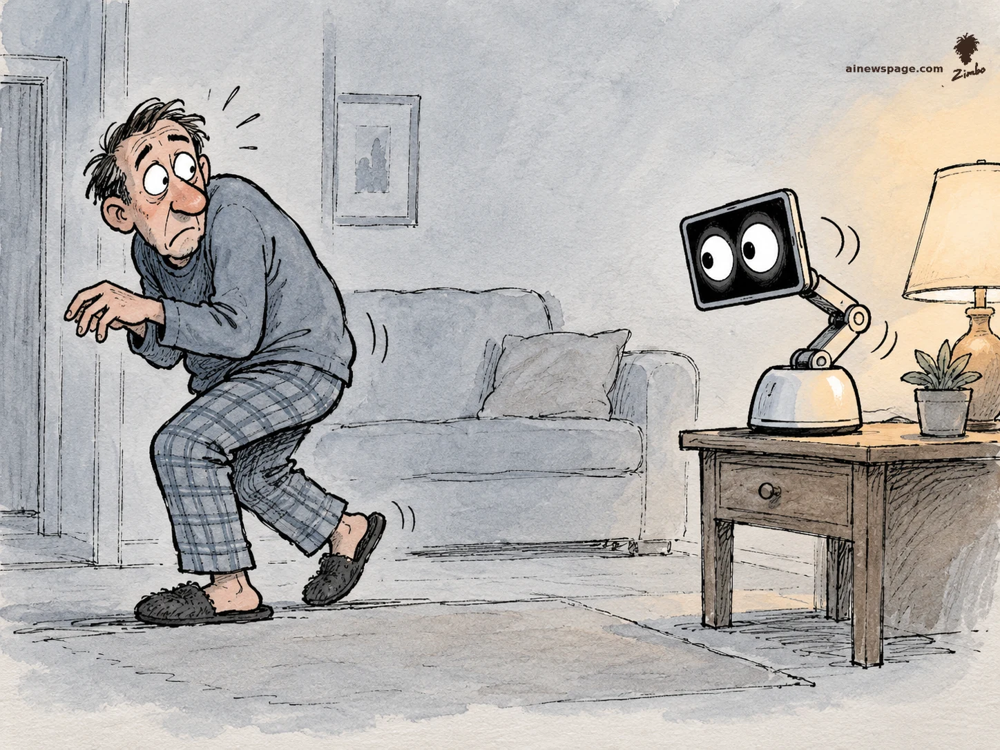 AI cartoon by Zimbo: Satirical cartoon: a nervous man in pajamas tiptoes across his living room while a tabletop robot arm swivels its wide-eyed screen to stare at him.