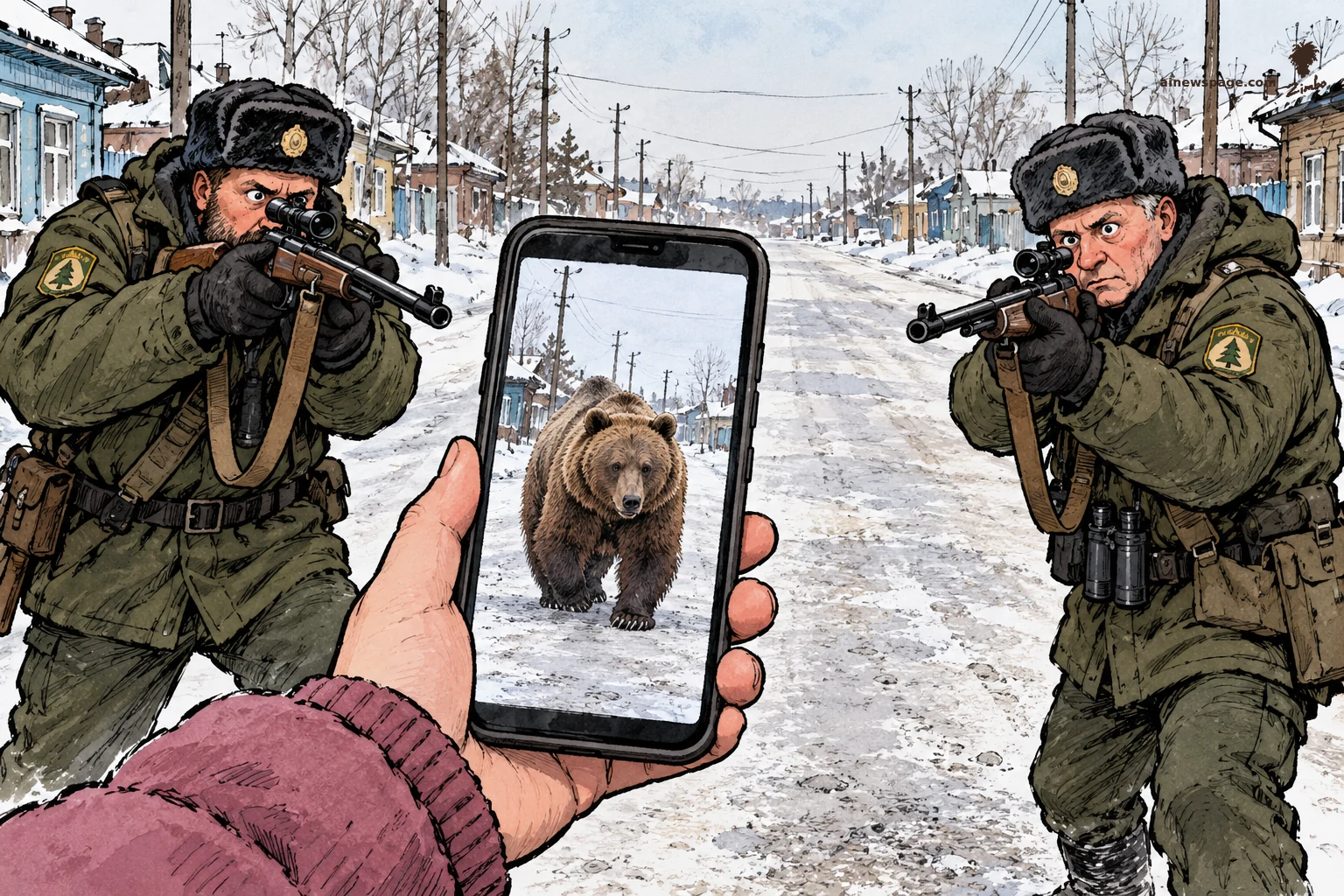 AI cartoon by Zimbo: Satirical cartoon: two armed rangers aim rifles at a phone screen showing a bear photo, held up in a snowy Russian street — the fake bear, the real hunt.