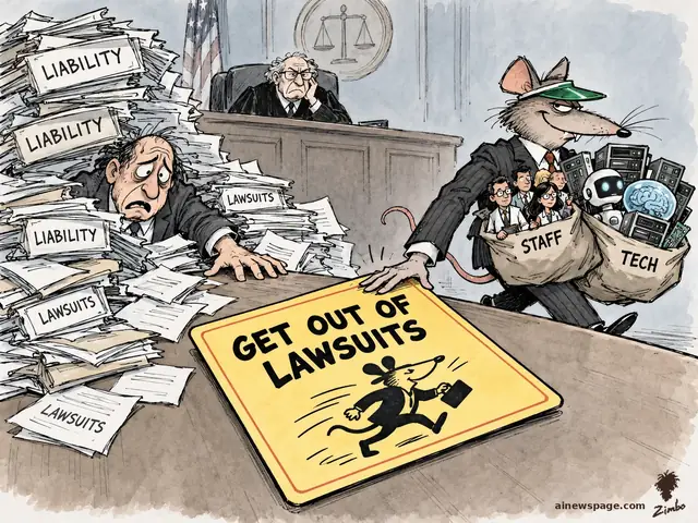 A smug mouse executive in a suit and green banker's visor carries off sacks labeled STAFF and TECH, slapping a giant GET OUT OF LAWSUITS card on the court desk while a man stays buried under LIABILITY and LAWSUITS papers.