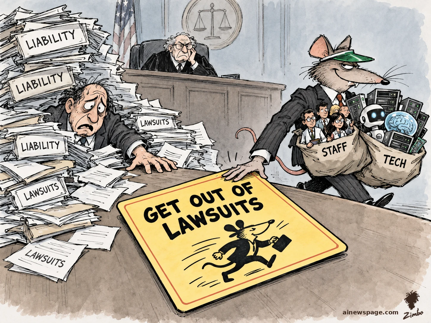 AI cartoon by Zimbo: A smug mouse executive in a suit and green banker's visor carries off sacks labeled STAFF and TECH, slapping a giant GET OUT OF LAWSUITS card on the court desk while a man stays buried under LIABILITY and LAWSUITS papers.