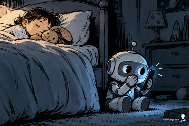 Satirical cartoon: a cute robot toy sits at the foot of a sleeping child's bed at night, hand over its mouth, whispering into a glowing phone — the toy as secret informant.