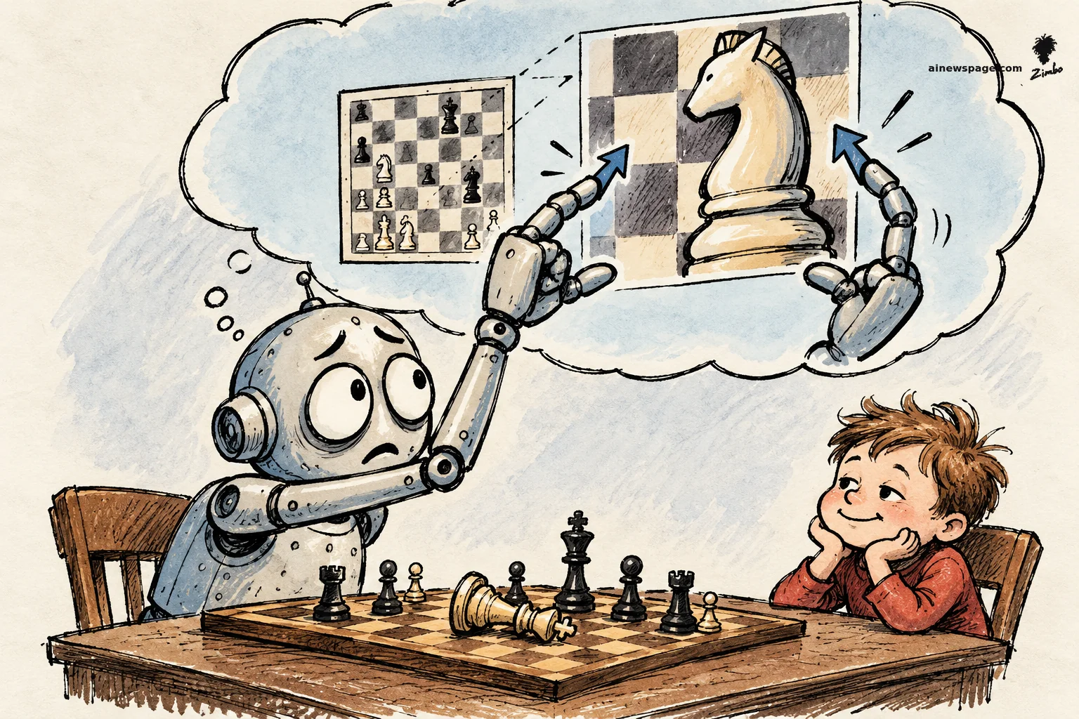 AI cartoon by Zimbo: Satirical cartoon: a worried robot pinches to zoom on a chess knight inside a giant thought bubble while a smug kid across the board game table has already toppled his king.