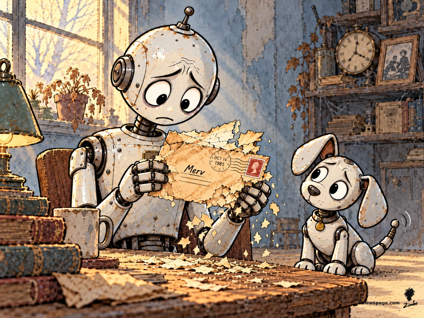 AI cartoon by Zimbo: Merv the anxious robot holds a crumbling yellowed envelope addressed to 'Merv' with an OCT 14 1985 postmark, the paper disintegrating at his touch as he finally opens it; Buddy the small robot dog watches with his head tilted, unsure whether to wag.