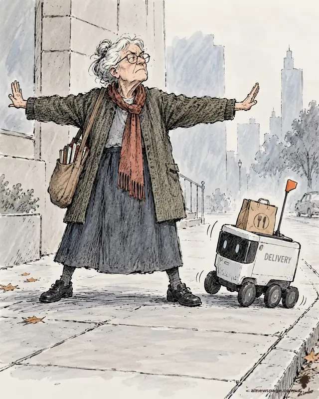 Satirical cartoon: an elderly professor stands arms-out on a sidewalk, physically blocking a small delivery robot carrying a takeout bag marked DELIVERY — a one-woman barricade against robots taking human jobs.