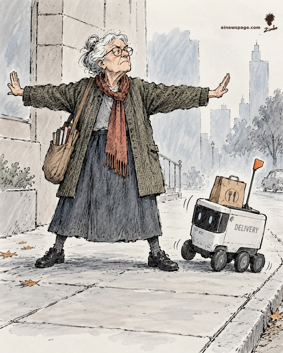 AI cartoon by Zimbo: Satirical cartoon: an elderly woman with white hair and glasses stands arms-spread blocking a small DELIVERY robot on a city sidewalk.