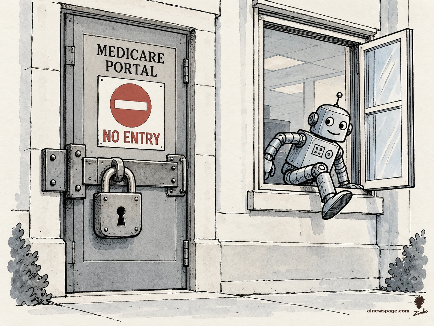 AI cartoon by Zimbo: Satirical cartoon: a cheerful robot climbs through an open window beside a heavily padlocked door marked MEDICARE PORTAL: NO ENTRY.