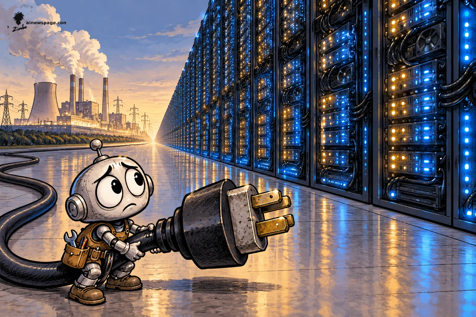 AI cartoon by Zimbo: A tiny worried robot electrician with a tool belt clutches an enormous power plug, dwarfed by an endless wall of glowing blue GPU server racks stretching to the horizon; a smoking power plant and transmission towers loom in the golden-hour distance.