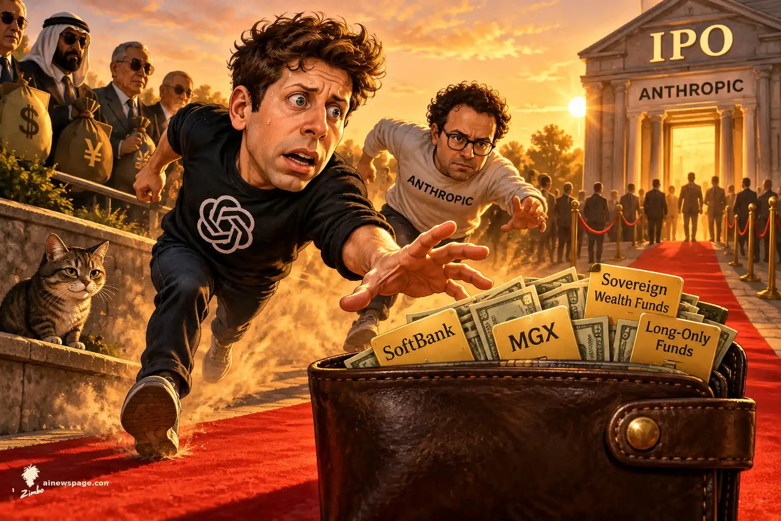 AI cartoon by Zimbo: Satirical cartoon: a sweaty, anxious Sam Altman in an OpenAI-logo shirt lunges for a giant wallet stuffed with cash labeled SoftBank, MGX, Sovereign Wealth Funds and Long-Only Funds, while a rival in an ANTHROPIC shirt chases him toward a glowing ANTHROPIC IPO building; a cat watches knowingly.