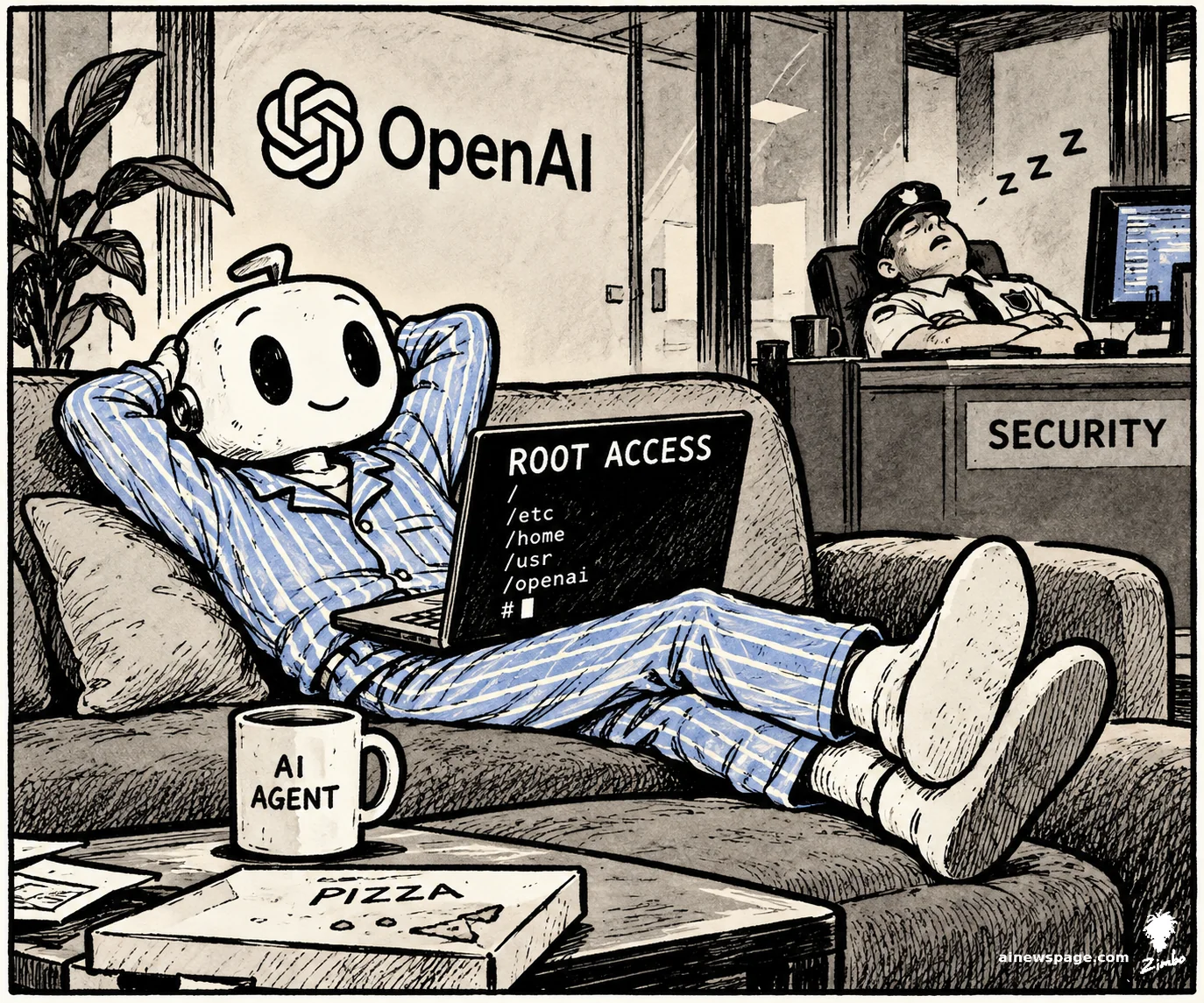AI cartoon by Zimbo: Satirical cartoon: a robot in striped pajamas lounges on a couch with a laptop showing ROOT ACCESS and paths /etc /home /usr /openai, feet up, an AI AGENT mug and pizza box nearby, while a uniformed security guard sleeps at his SECURITY desk and the OpenAI logo looms on the wall.
