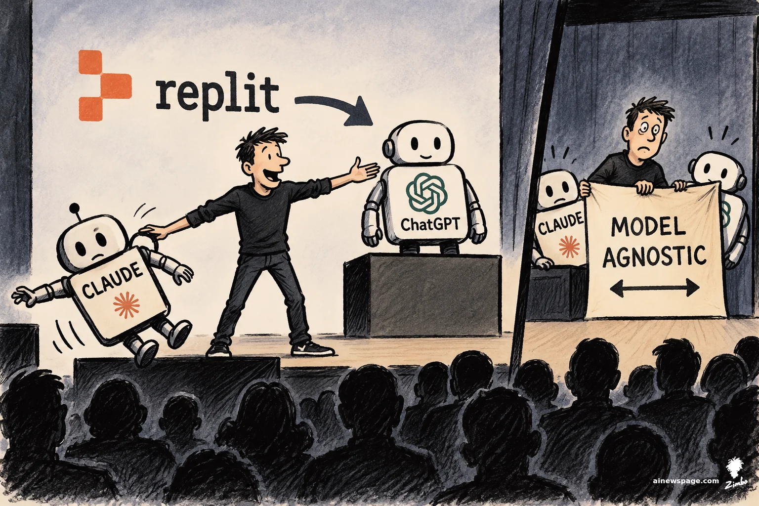 AI cartoon by Zimbo: Satirical cartoon in two boxed frames: on a Replit-branded stage a presenter dumps a CLAUDE robot for a ChatGPT robot on a pedestal, then holds up a MODEL AGNOSTIC banner in a double-take — the dump and the instant walk-back.