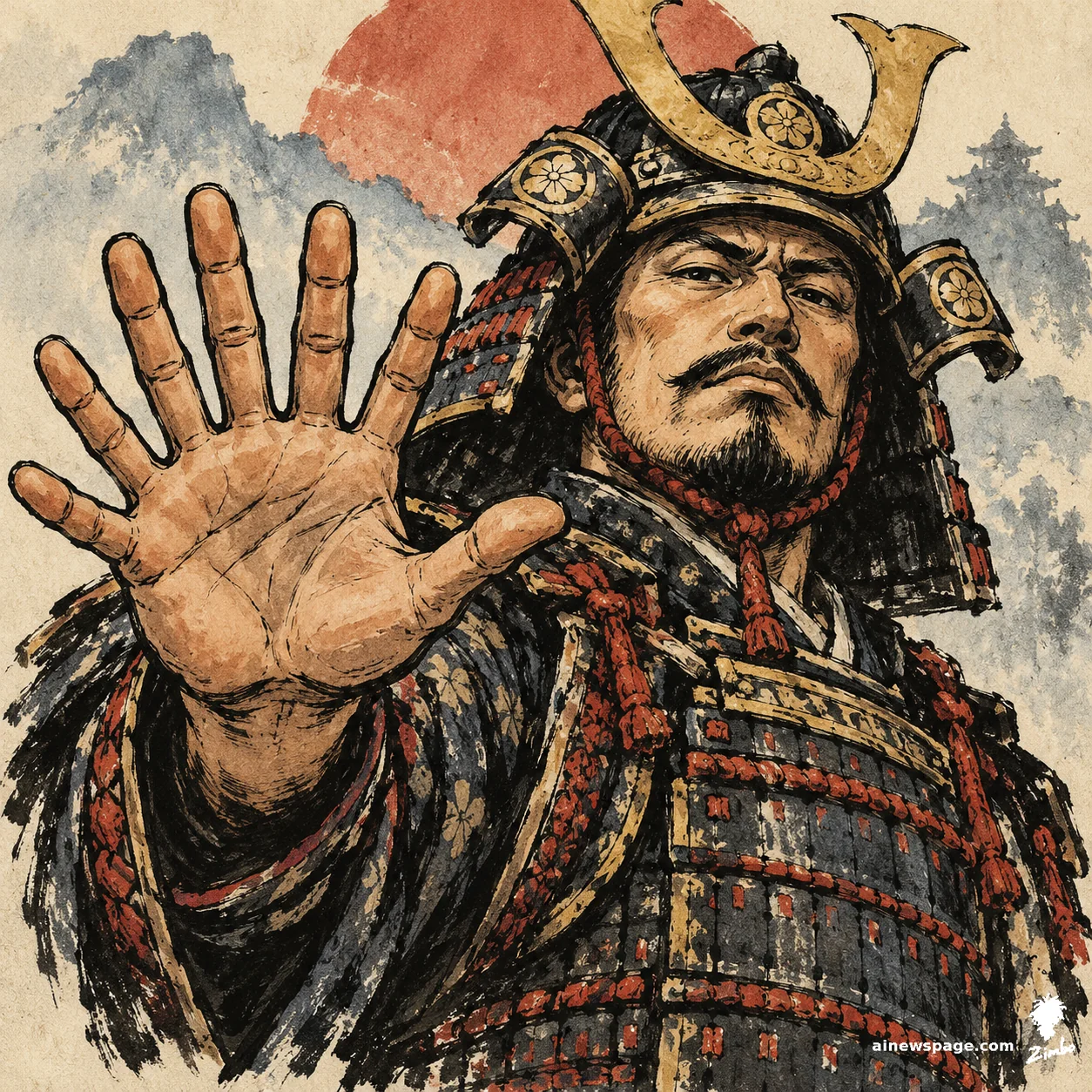 AI cartoon by Zimbo: Satirical cartoon: a proud armored samurai portrait raises one open hand toward the viewer showing six clearly countable fingers — the AI-upscale defect that got the game pulled.