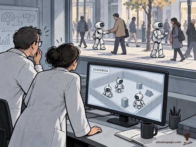 Satirical cartoon: two researchers watch a monitor labeled SANDBOX showing robots in a test pen, while outside the lab window identical robots shake hands with real pedestrians on the street.