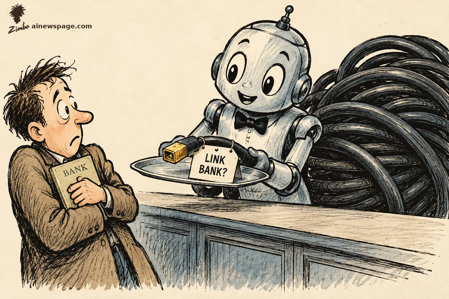 AI cartoon by Zimbo: Satirical cartoon: a friendly retro robot clerk offers a tiny connector tagged LINK BANK? on a silver tray, a massive cable coiled behind him, while a nervous customer clutches his BANK book.