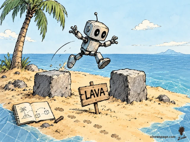 Satirical cartoon: a small robot leaps between two stone blocks on a tiny desert island, playing 'the floor is lava' — a crooked wooden sign reads LAVA over harmless sand — while its open journal shows sketches of the island.