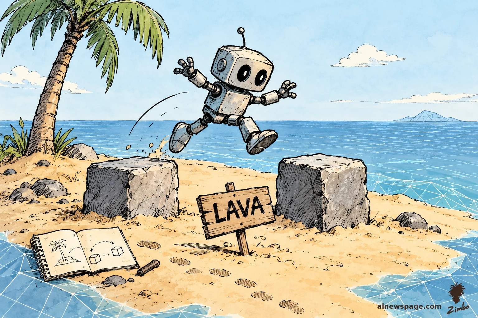 AI cartoon by Zimbo: Satirical cartoon: a small robot leaps between two stone blocks on a tiny desert island, playing 'the floor is lava' — a crooked wooden sign reads LAVA over harmless sand — while its open journal shows sketches of the island.