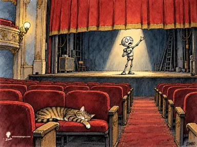 Merv the anxious robot performs a monologue under a spotlight on an empty theater stage while Issue the brown mackerel tabby sleeps across two red velvet seats.