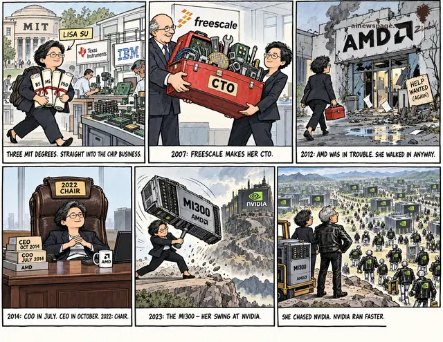 Six-panel cartoon of AMD CEO Lisa Su's climb: MIT degrees into chips; Freescale CTO, 2007; walking into a crumbling AMD, 2012; COO, CEO, then chair; swinging the MI300 at Nvidia in 2023 — at the lookout, Nvidia has run faster.