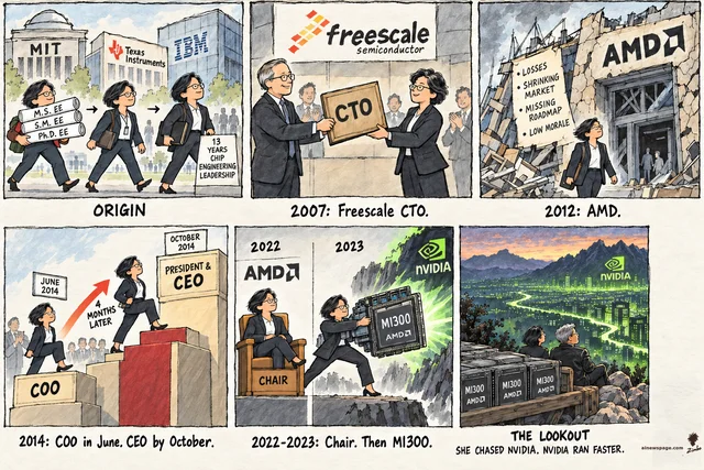 Su life strip: three MIT EE degrees, TI + 13 IBM years; 2007 Freescale CTO; 2012 crumbling AMD; 2014 COO to CEO in four months; 2022 chair, 2023 MI300 swung at Nvidia; lookout finale with Jensen Huang on a flatbed of MI300 crates over the NVIDIA-green valley — SHE CHASED NVIDIA. NVIDIA RAN FASTER.