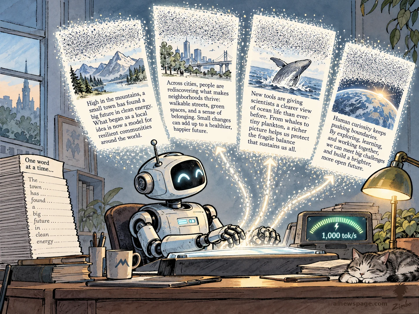 AI cartoon by Zimbo: Satirical cartoon: a robot at a desk writes four full pages at once as text resolves from visual noise like developing photos, while a speedometer reads '1,000 tok/s' and a tall stack of papers labeled 'One word at a time…' sits beside it; a tabby cat sleeps on the desk.