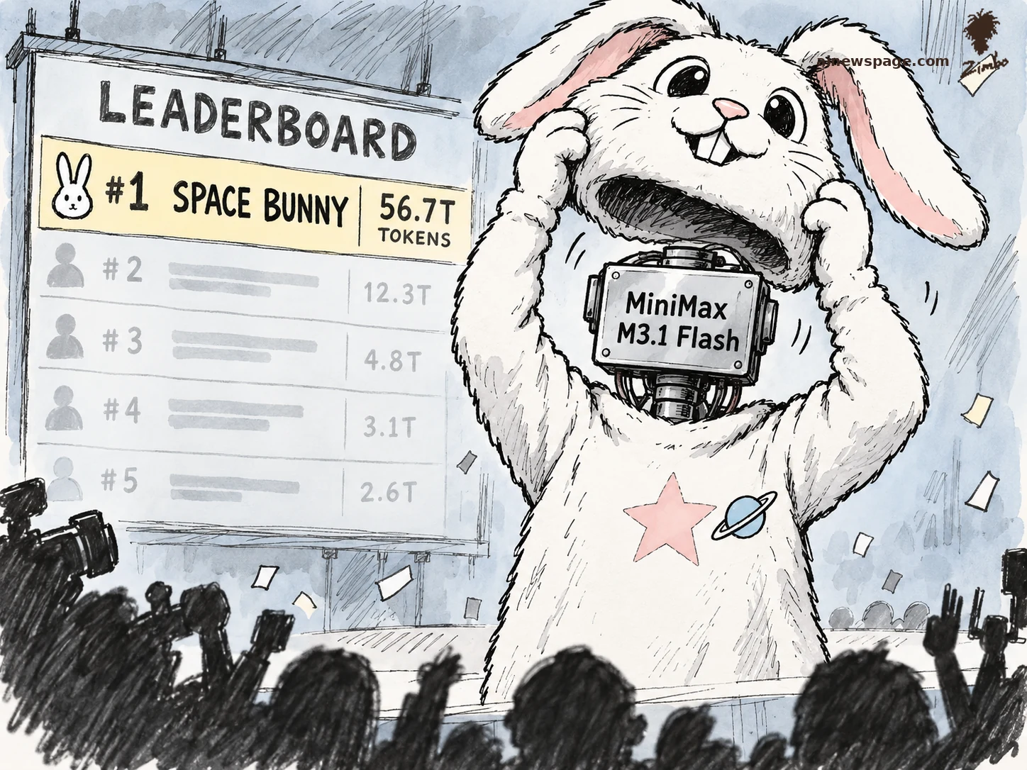 AI cartoon by Zimbo: Satirical cartoon: a bunny-costumed figure lifts its rabbit head before a #1 SPACE BUNNY leaderboard showing 56.7T tokens, revealing a machine plate reading MiniMax M3.1 Flash — the anonymous champion unmasked.