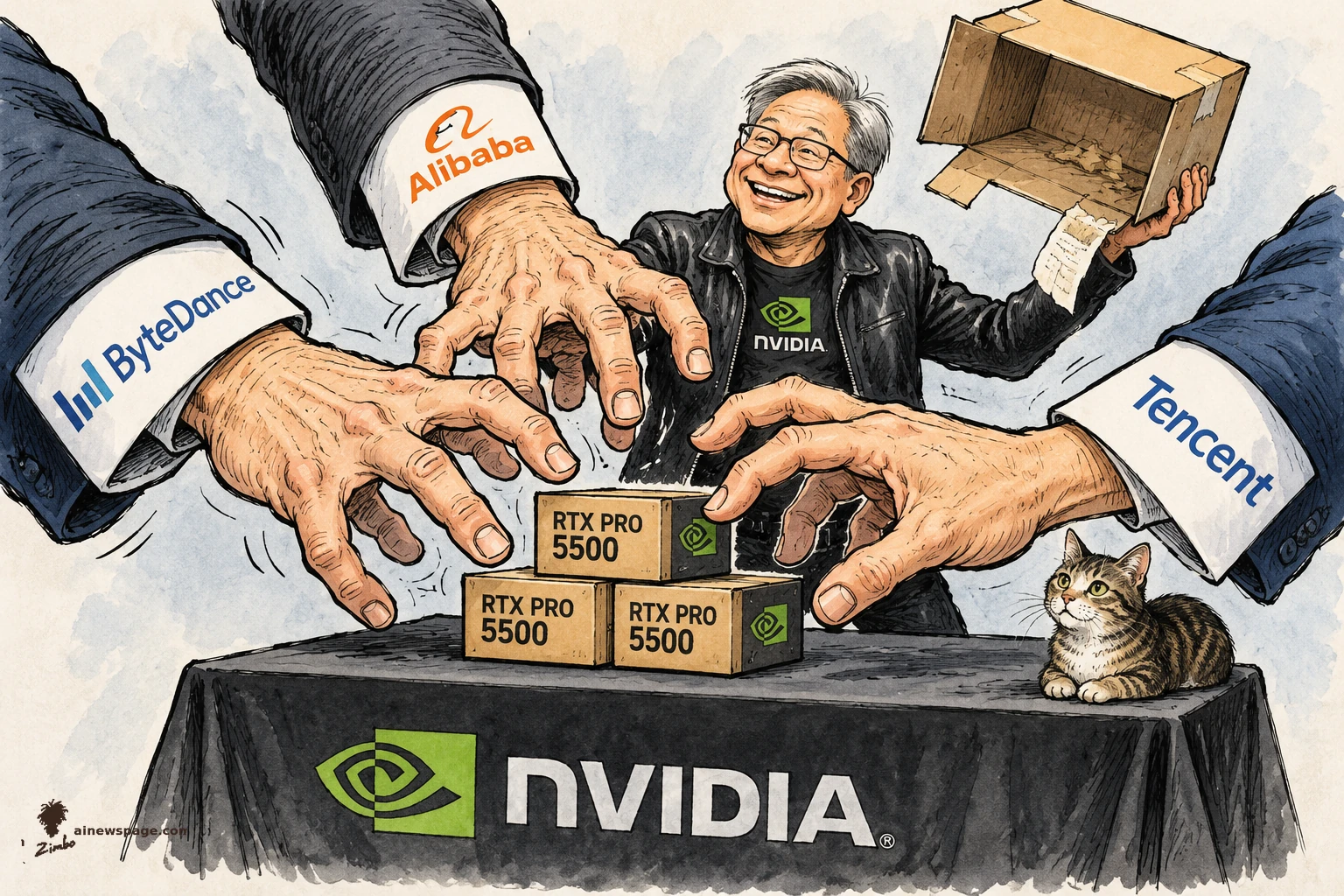 AI cartoon by Zimbo: Satirical cartoon: three giant suited arms with ByteDance, Alibaba and Tencent cuff labels claw at a tiny stack of three RTX PRO 5500 boxes on a black Nvidia vendor table; Jensen Huang grins behind it, holding an empty shipping box upside down; a small tabby cat watches.