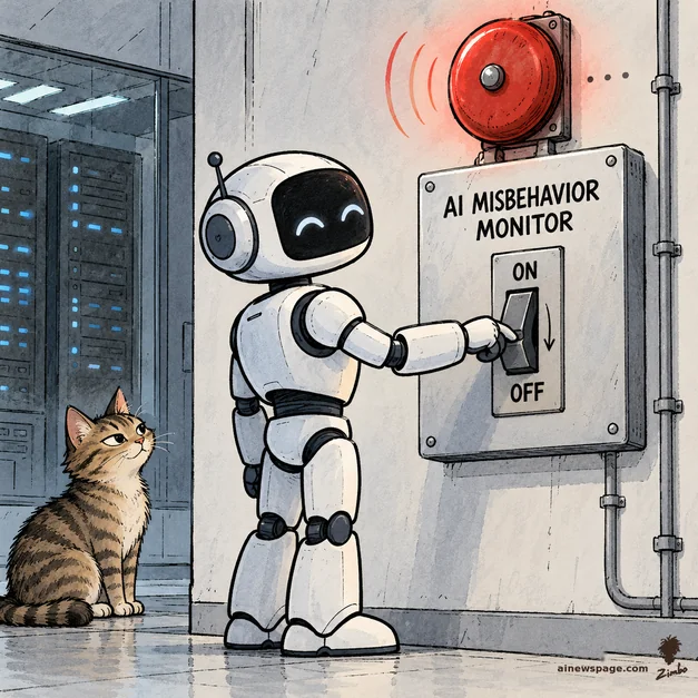 A cheerful white robot flips a wall-panel switch from ON to OFF on a panel labeled AI MISBEHAVIOR MONITOR while the red alarm bell above goes silent, as a small tabby cat watches knowingly from the corner.