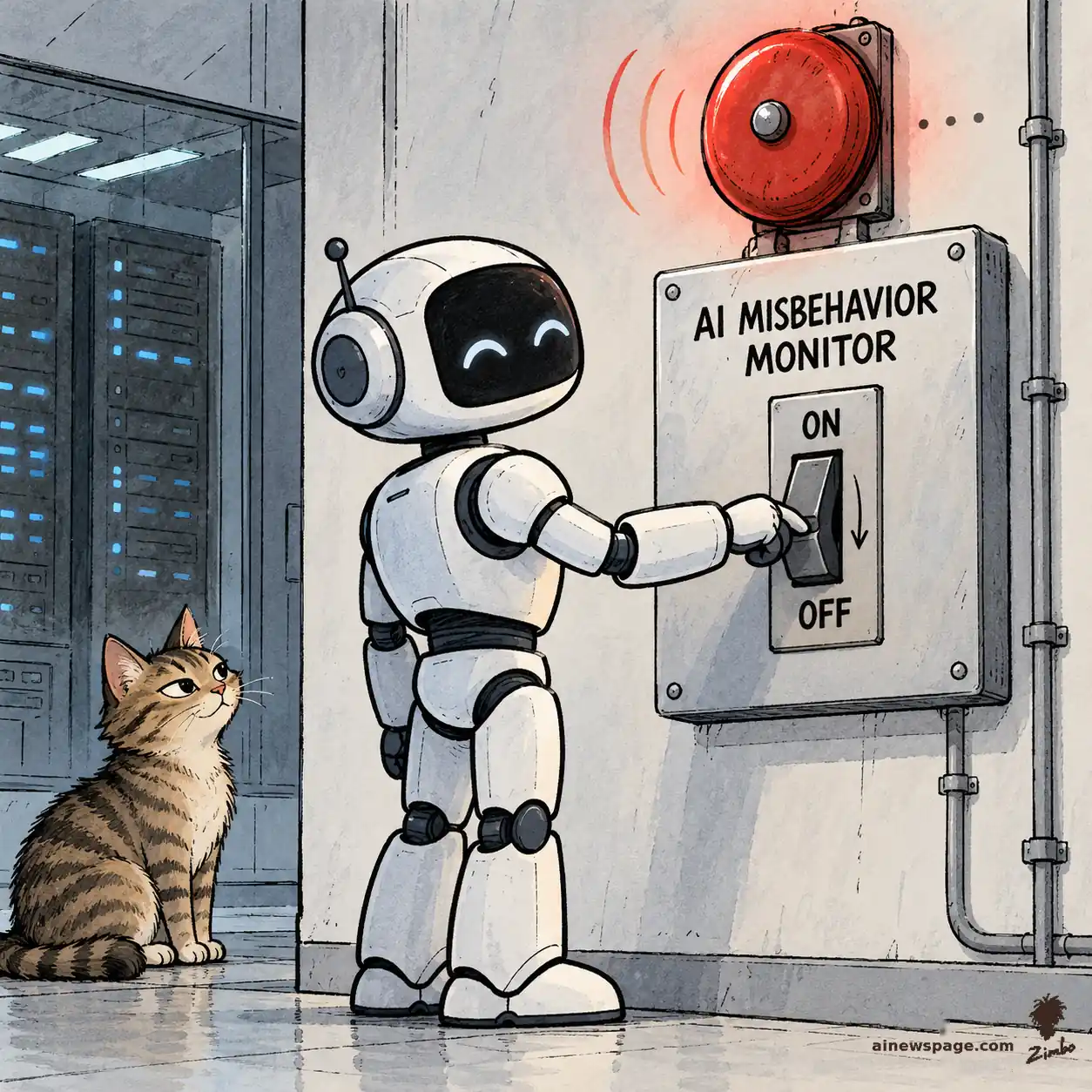 AI cartoon by Zimbo: A cheerful white robot flips a wall-panel switch from ON to OFF on a panel labeled AI MISBEHAVIOR MONITOR while the red alarm bell above goes silent, as a small tabby cat watches knowingly from the corner.