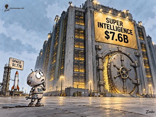 A worried small robot technician with a wrench stares up at a towering bank-vault datacenter labeled SUPER INTELLIGENCE $7.6B while a tiny toy rocket labeled SPACE $1.77B sits forgotten on a launch pad — on SpaceX's Q3 earnings showing AI is now over half its revenue.