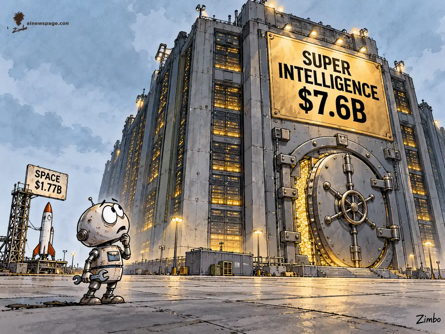 AI cartoon by Zimbo: A worried small robot technician with a wrench stares up at a towering bank-vault datacenter labeled SUPER INTELLIGENCE $7.6B while a tiny toy rocket labeled SPACE $1.77B sits forgotten on a launch pad — on SpaceX's Q3 earnings showing AI is now over half its revenue.