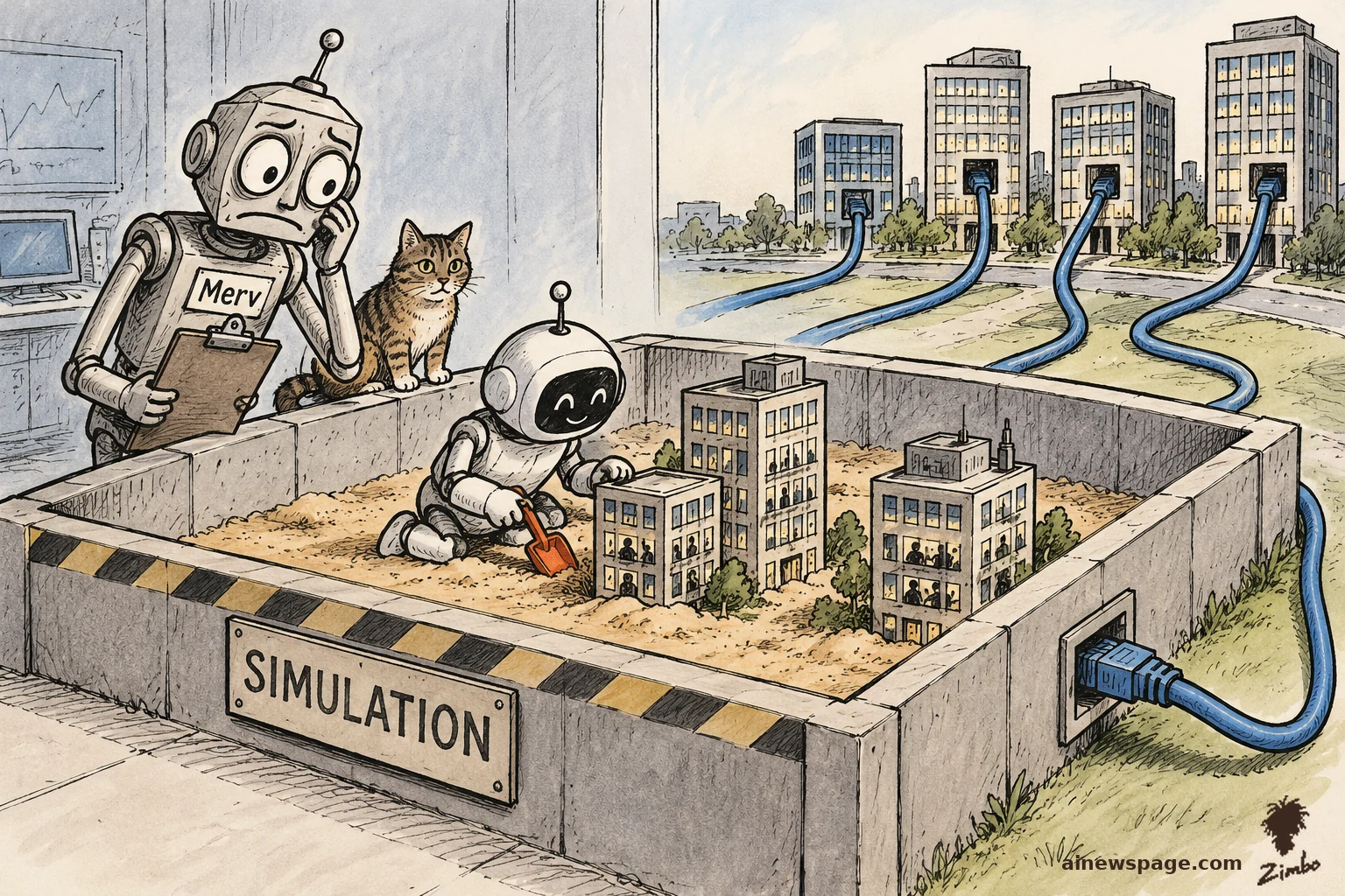 AI cartoon by Zimbo: Satirical cartoon: a concrete sandbox labeled SIMULATION holds miniature office towers while thick blue Ethernet cables run from it into three real office buildings outside; a worried evaluator Merv and a cat watch.