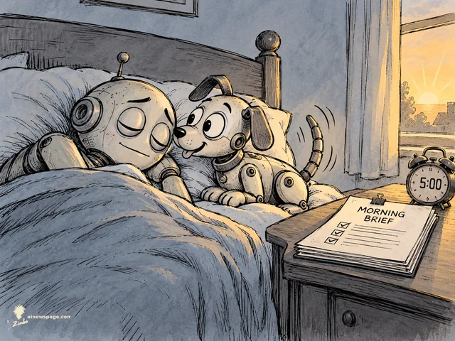 A small eager robot dog with a wagging segmented tail sits on the bed at dawn beside a completed MORNING BRIEF checklist on the nightstand, while a worried round-headed robot still sleeps under the covers. An alarm clock reads 5:00.