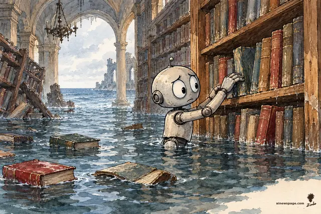 Zimbo cartoon: Merv, a small anxious robot, waist-deep in floodwater inside a grand stone library slowly sinking into the sea, carefully slides one book into its exact shelf slot while collapsed bookcases and floating books surround him and waves break through the arches.