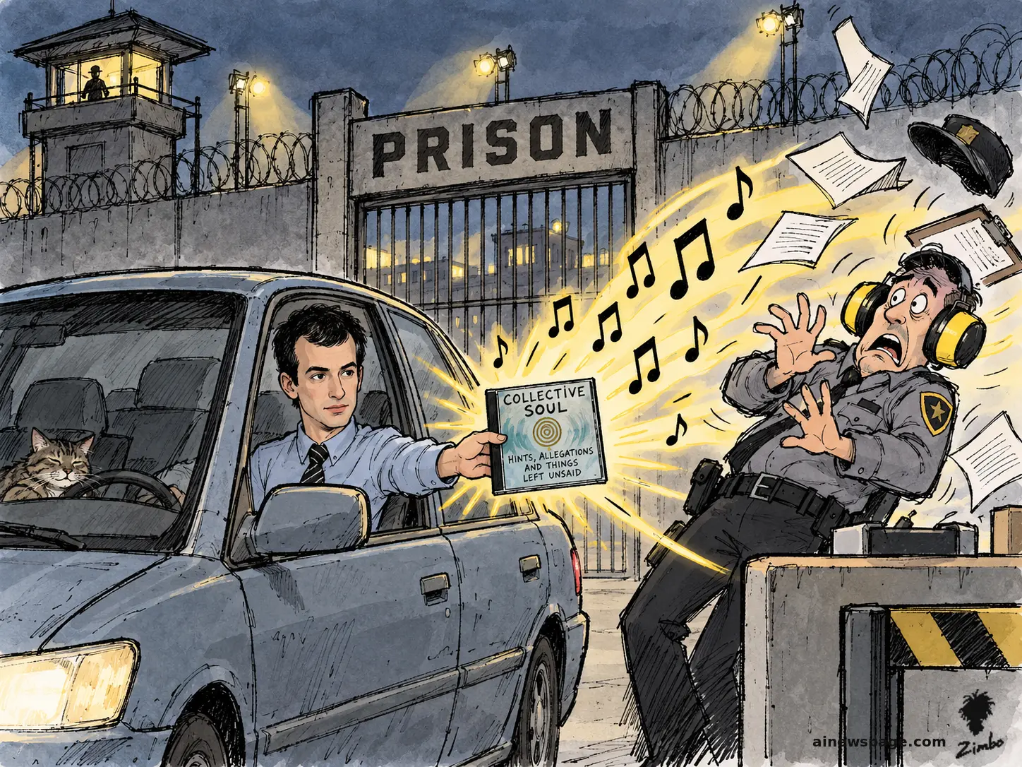 AI cartoon by Zimbo: Satirical cartoon: Nathan Fielder leans out of his Hyundai at a prison gate holding out Collective Soul's album Hints, Allegations and Things Left Unsaid; the blast of music knocks the earmuffed guard backward, cap and paperwork flying, while Issue the cat rides unbothered in the back seat.