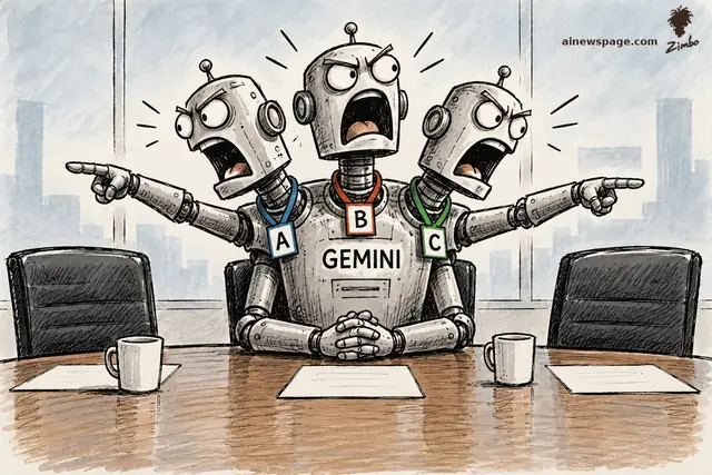 Satirical cartoon: a three-headed robot with company lanyards A, B, C and a GEMINI chest label argues with itself at a boardroom table with empty chairs.
