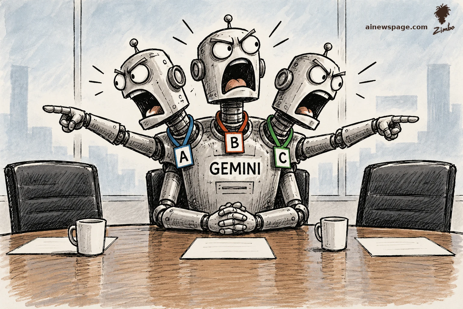 AI cartoon by Zimbo: Satirical cartoon: a three-headed robot with company lanyards A, B, C and a GEMINI chest label argues with itself at a boardroom table with empty chairs.