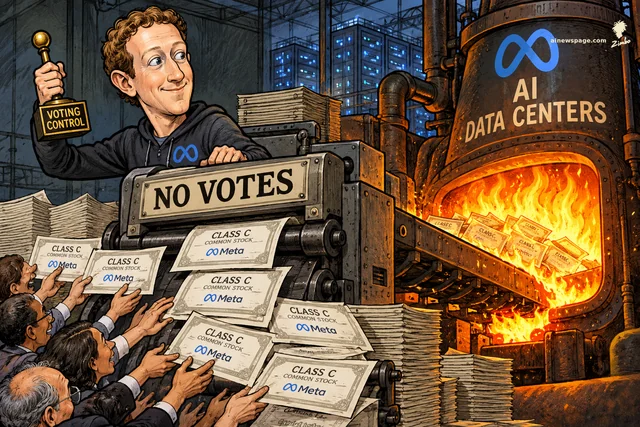 A Zuckerberg-like figure holds a 'VOTING CONTROL' lever aloft while operating a printing press labeled 'NO VOTES' that churns out 'CLASS C COMMON STOCK' Meta certificates, which eager shareholders grab as they feed into a roaring furnace labeled 'AI DATA CENTERS.'