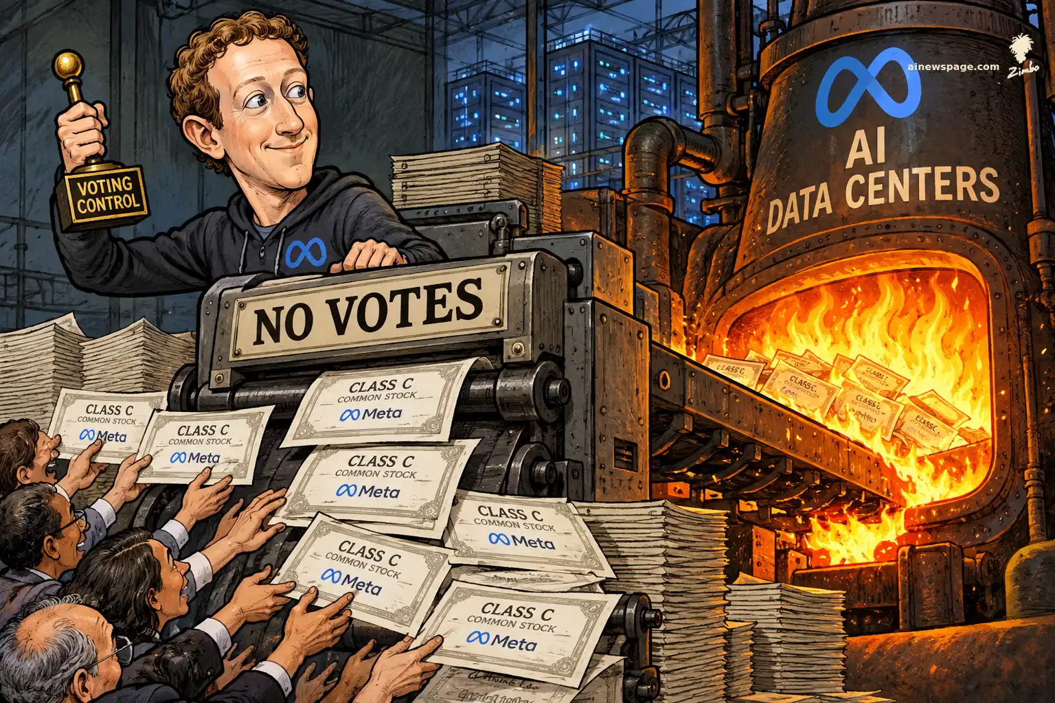 AI cartoon by Zimbo: A Zuckerberg-like figure holds a 'VOTING CONTROL' lever aloft while operating a printing press labeled 'NO VOTES' that churns out 'CLASS C COMMON STOCK' Meta certificates, which eager shareholders grab as they feed into a roaring furnace labeled 'AI DATA CENTERS.'