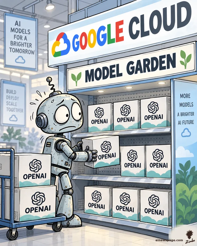 Merv, a worried retro robot, stocks white OPENAI-labeled product boxes onto the shelves of a Google Cloud Model Garden storefront. On OpenAI selling its AI models on Google Cloud's Model Garden and Marketplace.