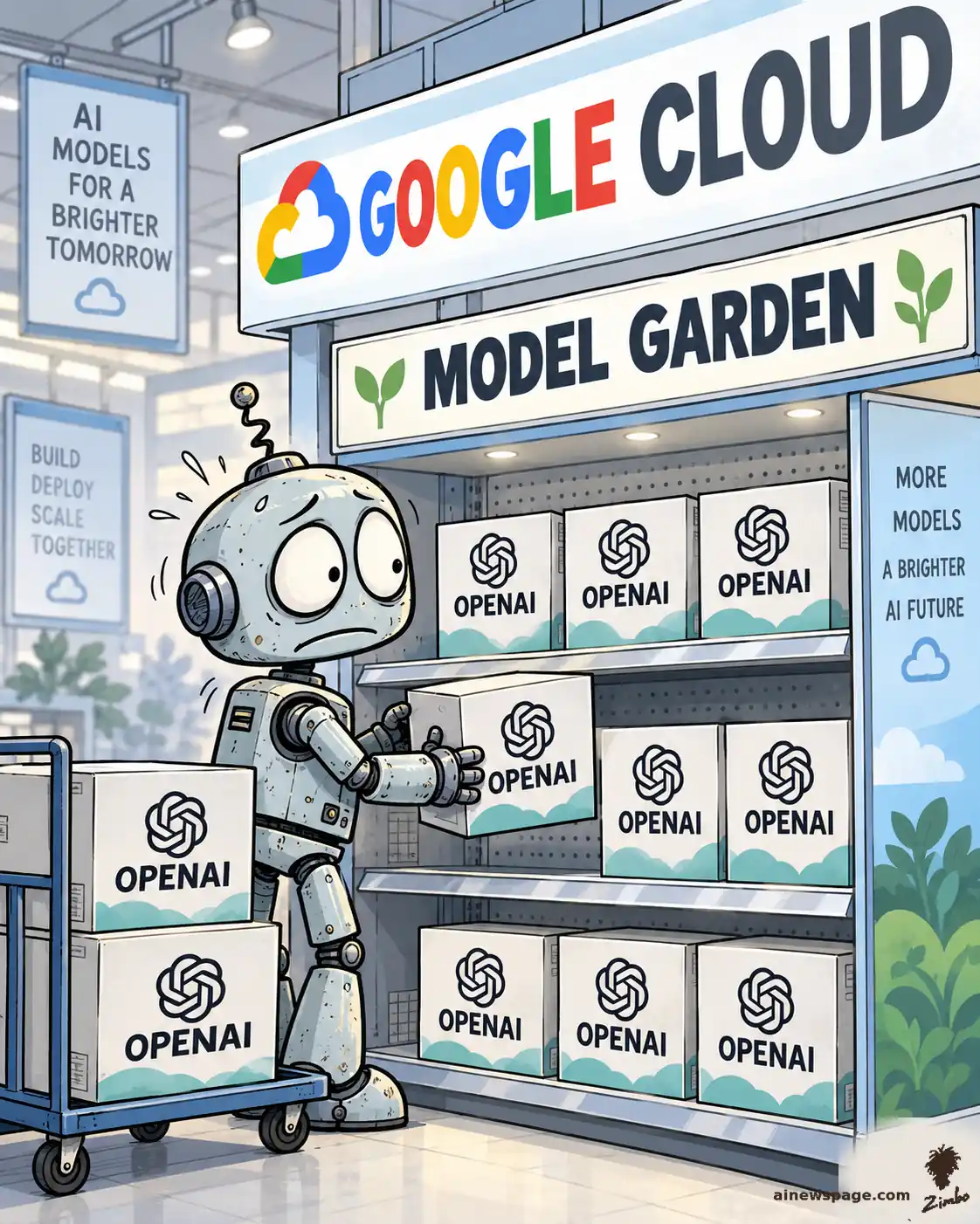 AI cartoon by Zimbo: Merv, a worried retro robot, stocks white OPENAI-labeled product boxes onto the shelves of a Google Cloud Model Garden storefront. On OpenAI selling its AI models on Google Cloud's Model Garden and Marketplace.