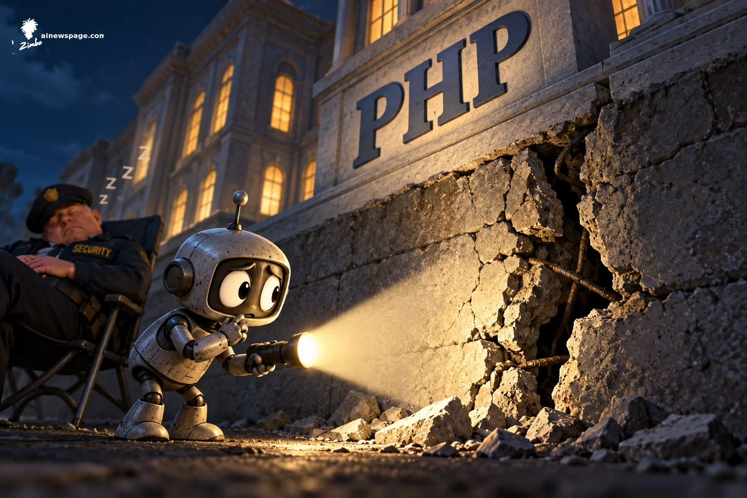 AI cartoon by Zimbo: A small worried robot shines a flashlight on a giant crack in the foundation of a stone building labeled PHP, while a human SECURITY guard naps in a chair beside him, oblivious.