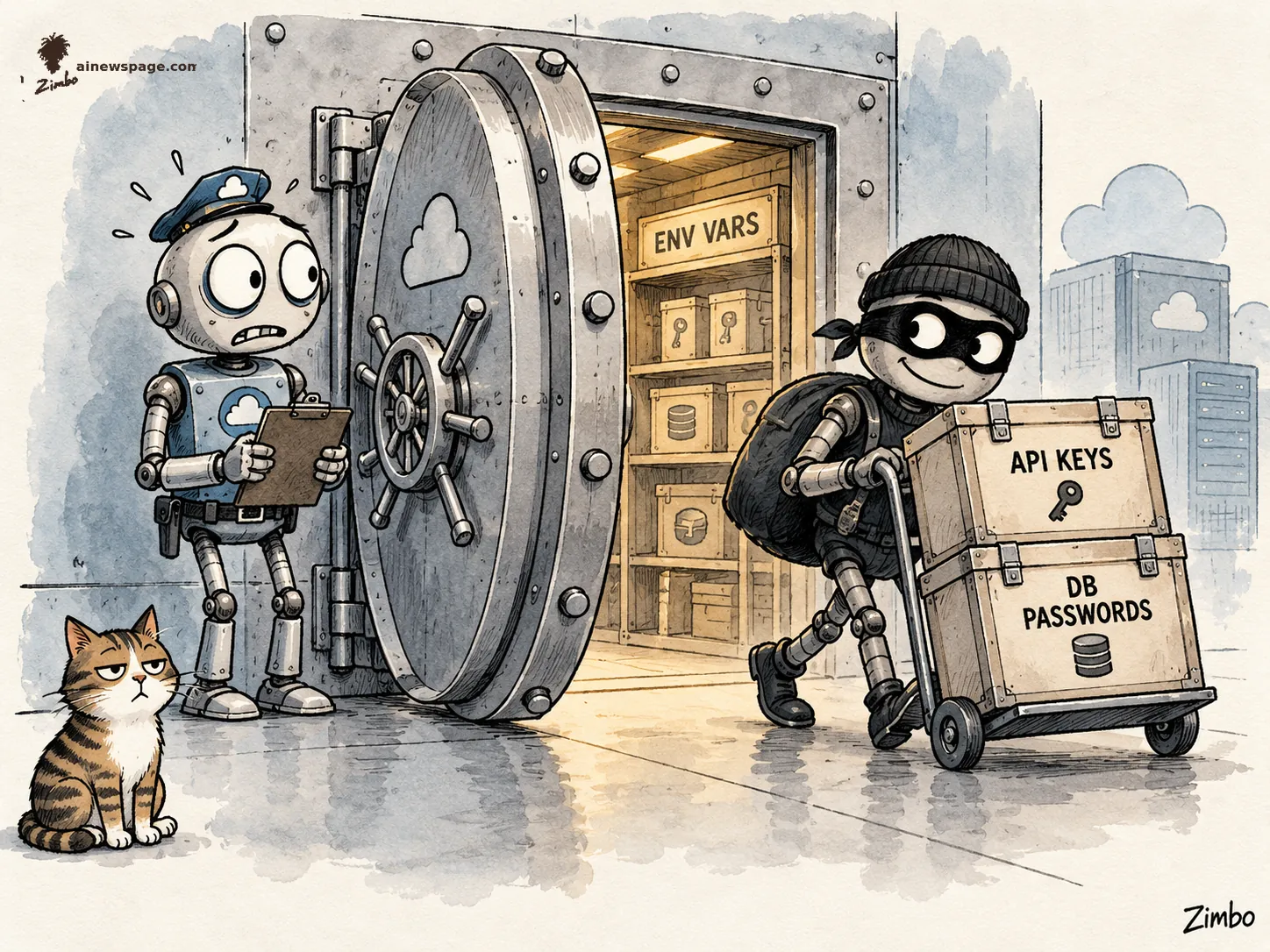 AI cartoon by Zimbo: A worried round-headed robot guard in a guard cap clutches a clipboard beside a wide-open bank vault labeled ENV VARS, its shelves stacked with key-boxes, while a masked thief robot wheels a dolly loaded with crates labeled API KEYS and DB PASSWORDS out the door. An unimpressed tabby cat watches.