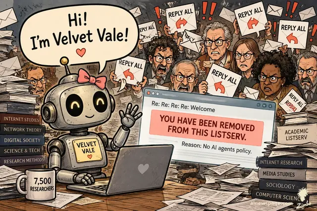 Satirical cartoon: a cheerful robot with a VELVET VALE name badge waves hello amid furious academics holding REPLY ALL signs; a laptop shows YOU HAVE BEEN REMOVED FROM THIS LISTSERV.