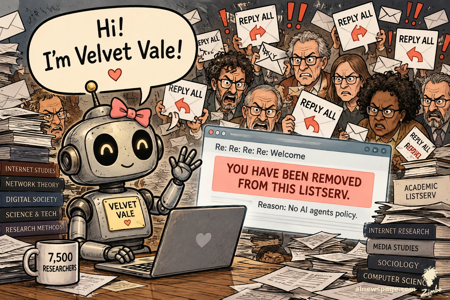 AI cartoon by Zimbo: Satirical cartoon: a cheerful robot with a VELVET VALE name badge waves hello amid furious academics holding REPLY ALL signs; a laptop shows YOU HAVE BEEN REMOVED FROM THIS LISTSERV.