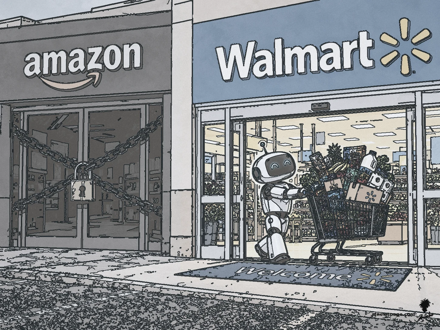 AI cartoon by Zimbo: A small cheerful robot pushes an overflowing shopping cart out of Walmart's open doors, crossing a WELCOME mat. Next door, Amazon's storefront doors are chained shut with a padlock.