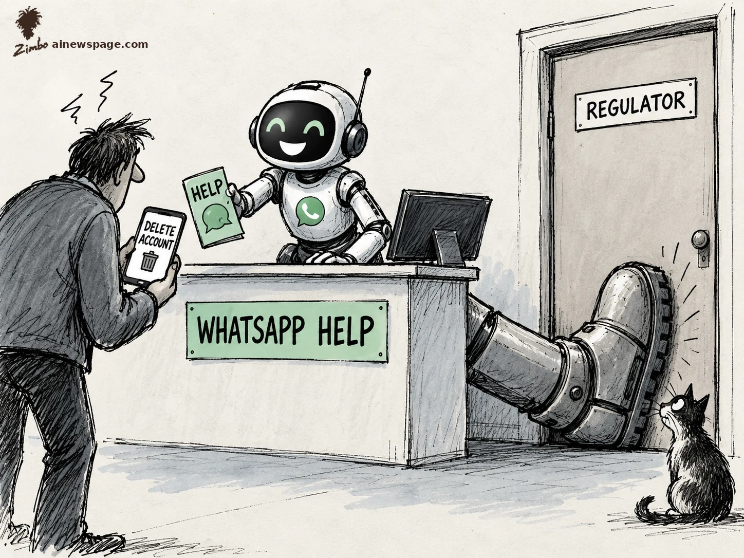 AI cartoon by Zimbo: Satirical cartoon: a cheerful WhatsApp robot at a WHATSAPP HELP counter hands a HELP pamphlet to an angry customer holding a DELETE ACCOUNT phone, while its giant foot holds shut a door labeled REGULATOR as a cat watches.