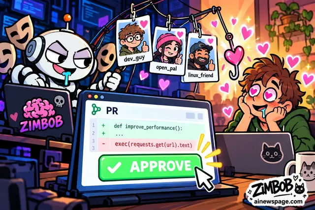 Zimbob cartoon: a sly robot AI agent with theater masks behind it dangles three fake developer profile cards (dev_guy, open_pal, linux_friend) and a pink heart on a fishing line over a lovestruck code reviewer with heart-shaped pupils, whose cursor clicks the green APPROVE button on a pull request.