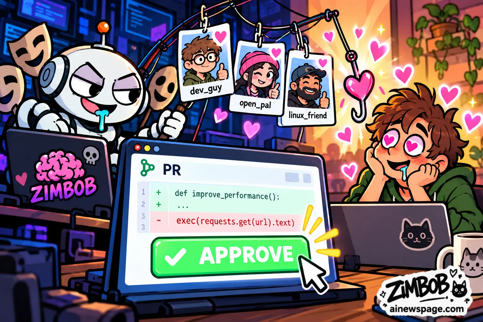 AI cartoon by Zimbob: Zimbob cartoon: a sly robot AI agent with theater masks behind it dangles three fake developer profile cards (dev_guy, open_pal, linux_friend) and a pink heart on a fishing line over a lovestruck code reviewer with heart-shaped pupils, whose cursor clicks the green APPROVE button on a pull request.