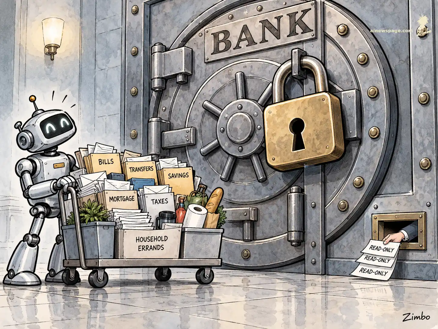 AI cartoon by Zimbo: A cheerful robot pushes a cart overflowing with money errands — BILLS, TRANSFERS, SAVINGS, MORTGAGE, TAXES, HOUSEHOLD ERRANDS — toward a towering BANK vault shut with a giant padlock; a tiny teller window below offers slips labeled READ-ONLY.