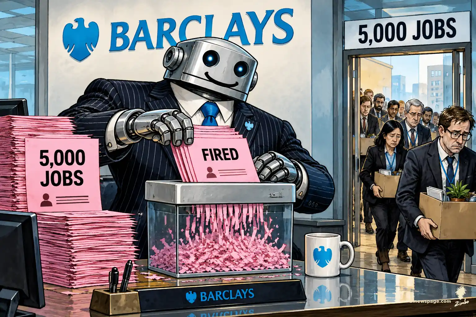 AI cartoon by Zimbo: A smiling robot banker in a pinstripe suit sits at a Barclays desk feeding pink slips labeled 'FIRED' and '5,000 JOBS' into a clear shredder while human workers carrying moving boxes file out a door marked '5,000 JOBS.'
