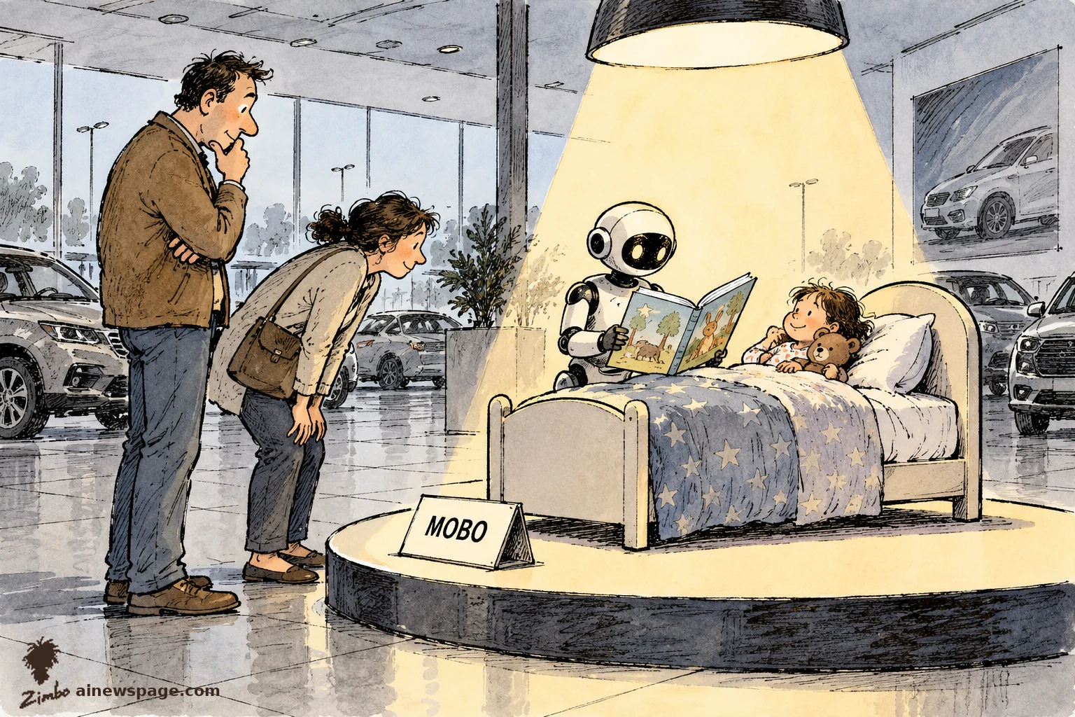 AI cartoon by Zimbo: Satirical cartoon: in a car dealership, two parents inspect a small robot reading a bedtime story to a kid in a showroom display bed under a MOBO placard.